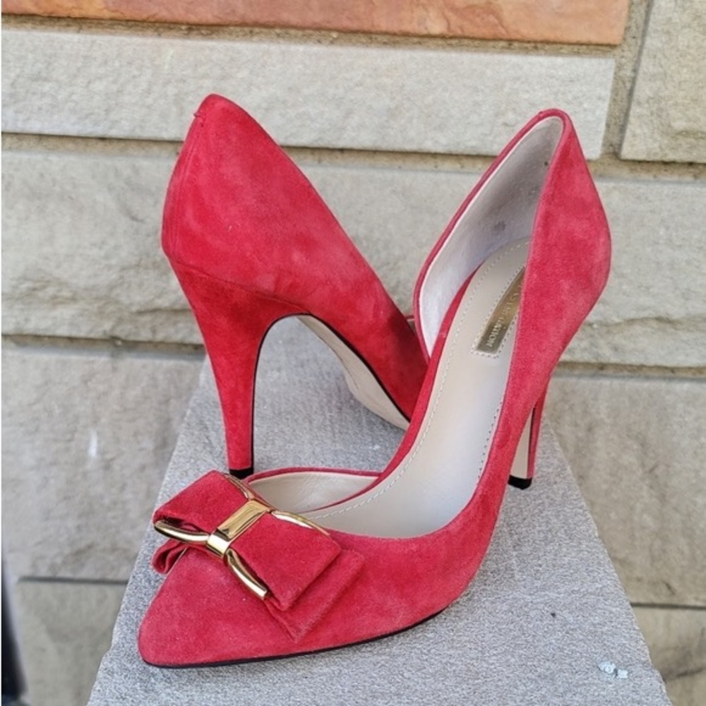 BCBG Womens Chester Red D'Orsay Leather Gold Bow Pointed Heel